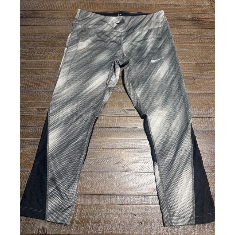Nike Dri-FIT Leggings Womens Large Grey Digital Print Crop Tights Mesh Preloved - Picture 2 of 12